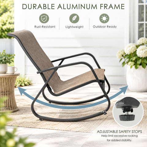 Kozyard outdoor rocking chair with durable rust-resistant aluminum frame, lightweight construction and adjustable safety stops for added stability. Modern white patio rocker with gray Textilene seating is built for outdoor use on porch, balcony, deck, backyard, garden and poolside areas, providing smooth rocking comfort and weather-ready durability for everyday relaxation.