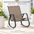 Kozyard outdoor rocking chair features breathable Textilene fabric with water-resistant and quick-drying performance for comfortable outdoor seating. White aluminum frame and gray mesh seat create a durable modern patio rocking chair for porch, deck, balcony, backyard, garden and poolside use, offering airflow, weather resistance and low-maintenance outdoor relaxation.