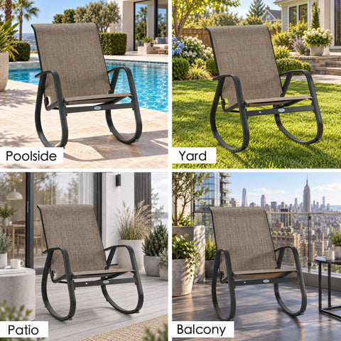 Kozyard outdoor rocking chair for poolside, yard, patio and balcony use, featuring a modern white aluminum frame and gray breathable Textilene seat. This versatile weather-resistant patio rocker provides lightweight durability, comfortable high-back support and smooth rocking motion, making it ideal outdoor seating for backyard, porch, deck, garden and small balcony spaces.