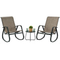 Outdoor Rocking Chair Set with Side Table
A set of two outdoor rocking chairs with brown Textilene seats and backs, black metal frames, accompanied by a small black side table with a plant and two glasses on it. Keywords: outdoor rocking chairs, side table, patio set