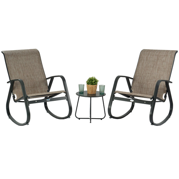 Outdoor Rocking Chair Set with Side Table
A set of two outdoor rocking chairs with brown Textilene seats and backs, black metal frames, accompanied by a small black side table with a plant and two glasses on it. Keywords: outdoor rocking chairs, side table, patio set