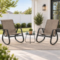 Kozyard outdoor rocking chair with white aluminum frame and Beige breathable Textilene seat, modern patio rocking chair designed for backyard, porch, balcony, garden and poolside seating. Lightweight, weather-resistant outdoor lounge chair offers supportive high-back comfort and smooth rocking motion for relaxing on patios, decks and outdoor living spaces.
