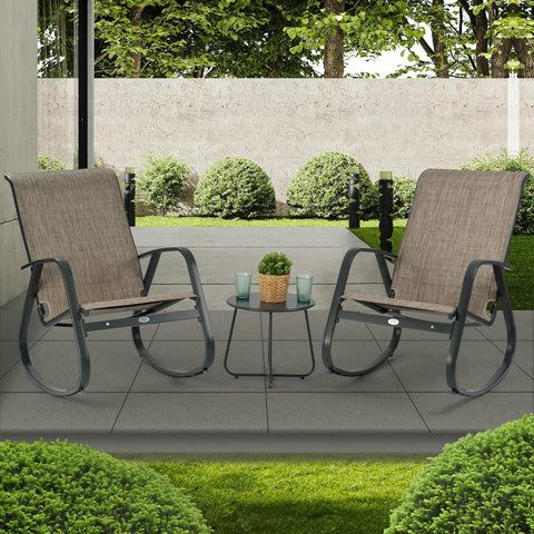 Outdoor Rocking Chair Set for Patio
A set of two outdoor rocking chairs with brown fabric seats and backs, black metal frames, placed on a patio with a small black side table holding a plant and two glasses, surrounded by greenery. Keywords: outdoor rocking chairs, patio set, garden furniture