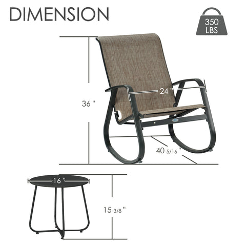 Kozyard outdoor rocking chair shown in a stylish garden patio setting with white aluminum frame, beige Textilene fabric and modern curved rocker base. This weather-resistant patio rocking chair is ideal for porch, backyard, balcony, deck, garden and poolside relaxation, offering breathable seating, lightweight construction and comfortable outdoor lounge furniture style.