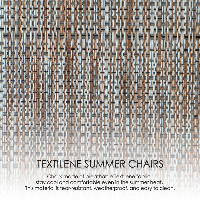 A close - up of Textilene fabric, highlighting its use in summer chairs. The fabric is breathable, tear - resistant, weatherproof, and easy to clean, ensuring comfort in hot weather. Keywords: Textilene fabric, summer chairs, outdoor furniture