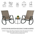 Outdoor Rocking Chair and Bistro Set for Relaxation
A set of two outdoor rocking chairs with brown fabric seats and backs, black metal frames, and a small black side table with a plant and two glasses. Icons for beach, garden,