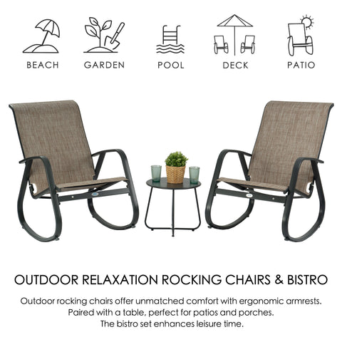 Outdoor Rocking Chair and Bistro Set for Relaxation
A set of two outdoor rocking chairs with brown fabric seats and backs, black metal frames, and a small black side table with a plant and two glasses. Icons for beach, garden,