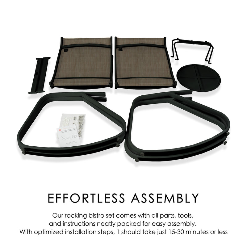 Outdoor Rocking Bistro Set - Effortless Assembly
Parts of an outdoor rocking bistro set, including chair frames, fabric seats, and a small table component, with text stating all parts, tools, and instructions are provided for easy assembly in 15 - 30 minutes or less. Keywords: outdoor rocking bistro set, effortless assembly
