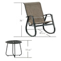 Outdoor Rocking Chair and Side Table Dimensions
An outdoor rocking chair with brown fabric and black frame, and a small black side table, both with labeled dimensions. Chair dimensions: height 36 inches, width 24 inches, length 40 5/16 inches. Table dimensions: diameter 16 inches, height 15 3/8 inches. Keywords: outdoor rocking chair, side table, dimensions
