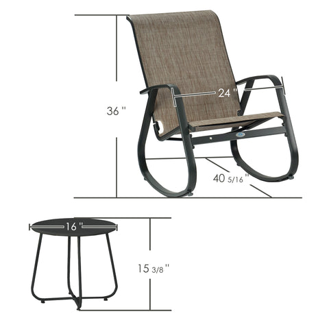 Outdoor Rocking Chair and Side Table Dimensions
An outdoor rocking chair with brown fabric and black frame, and a small black side table, both with labeled dimensions. Chair dimensions: height 36 inches, width 24 inches, length 40 5/16 inches. Table dimensions: diameter 16 inches, height 15 3/8 inches. Keywords: outdoor rocking chair, side table, dimensions
