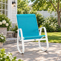 Kozyard blue outdoor rocking chair with breathable Textilene mesh seat and durable white aluminum frame, designed for comfortable patio, porch, balcony, poolside, deck and backyard seating. This modern outdoor rocker features ergonomic armrests, a curved rocking base and weather-resistant construction, creating a stylish patio rocking chair for relaxing, reading and everyday outdoor living.