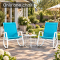 Kozyard blue outdoor rocking chair shown on a sunny backyard patio, featuring breathable Textilene mesh seating, white aluminum frame, supportive armrests and smooth curved rocker base. This comfortable patio rocking chair is ideal for porch, balcony, deck, garden and poolside relaxation, offering modern outdoor furniture style and a soothing rocking experience for everyday leisure.