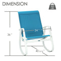 Kozyard outdoor rocking chair dimensions feature a 24-inch wide seat, 36-inch overall height and 40 5/16-inch depth with a 350 lbs weight capacity. This blue patio rocking chair combines breathable Textilene mesh with a durable white aluminum frame and ergonomic curved rocker base, providing spacious, supportive outdoor seating for patio, porch, balcony, deck and backyard relaxation.