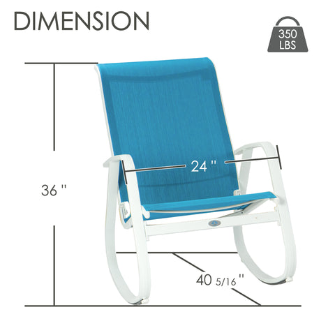 Kozyard outdoor rocking chair dimensions feature a 24-inch wide seat, 36-inch overall height and 40 5/16-inch depth with a 350 lbs weight capacity. This blue patio rocking chair combines breathable Textilene mesh with a durable white aluminum frame and ergonomic curved rocker base, providing spacious, supportive outdoor seating for patio, porch, balcony, deck and backyard relaxation.