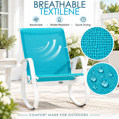 Kozyard blue outdoor rocking chair with breathable Textilene mesh fabric designed for cool, comfortable seating, improved airflow, water resistance and easy cleaning. This weather-resistant patio rocker combines quick-maintenance mesh with a durable white aluminum frame, making it ideal for poolside, porch, balcony, deck, backyard and garden seating during warm-weather outdoor relaxation.