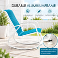 Kozyard outdoor rocking chair features a durable rust-resistant aluminum frame and adjustable safety stop screws for stable, secure rocking. The blue Textilene patio rocker combines breathable mesh seating, ergonomic armrests and a strong curved white frame for comfortable outdoor use, making it ideal for patio, porch, balcony, deck, poolside, backyard and garden relaxation.