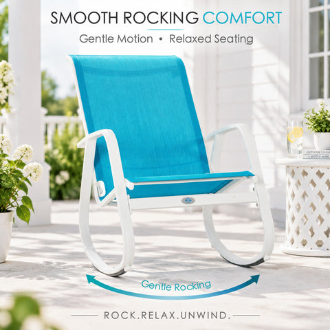 Kozyard outdoor rocking chair features a durable rust-resistant aluminum frame and adjustable safety stop screws for stable, secure rocking. The blue Textilene patio rocker combines breathable mesh seating, ergonomic armrests and a strong curved white frame for comfortable outdoor use, making it ideal for patio, porch, balcony, deck, poolside, backyard and garden relaxation.