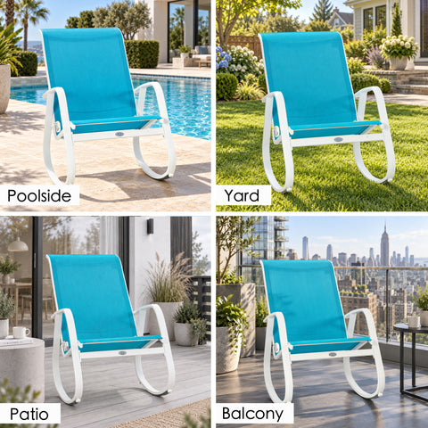 Kozyard blue outdoor rocking chair for poolside, yard, patio and balcony use, featuring breathable Textilene mesh seating, a durable white aluminum frame, ergonomic armrests and smooth curved rocking base. This versatile weather-resistant patio rocker provides comfortable outdoor seating for porch, deck, garden and backyard spaces, ideal for reading, resting, relaxing and everyday outdoor living.