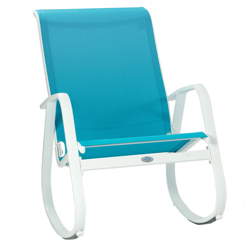 Kozyard blue outdoor rocking chair with breathable Textilene mesh seat, durable white aluminum frame, ergonomic armrests and smooth curved rocker base. Designed as a modern weather-resistant patio rocking chair, this comfortable outdoor chair is ideal for porch, balcony, poolside, deck, garden and backyard seating, providing relaxing support for reading, lounging and everyday outdoor leisure.