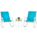 Outdoor Rocking Chair Set with Side Table
A set of two outdoor rocking chairs with bright blue fabric seats and backs, white metal frames, accompanied by a small white side table with a plant and two glasses on it. Keywords: outdoor rocking chairs, side table, patio set