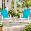 Kozyard outdoor rocking chair with white aluminum frame and blue breathable Textilene seat, modern patio rocking chair designed for backyard, porch, balcony, garden and poolside seating. Lightweight, weather-resistant outdoor lounge chair offers supportive high-back comfort and smooth rocking motion for relaxing on patios, decks and outdoor living spaces.