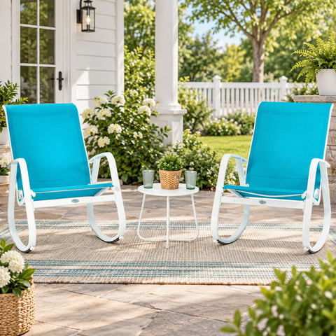 Kozyard outdoor rocking chair with white aluminum frame and blue breathable Textilene seat, modern patio rocking chair designed for backyard, porch, balcony, garden and poolside seating. Lightweight, weather-resistant outdoor lounge chair offers supportive high-back comfort and smooth rocking motion for relaxing on patios, decks and outdoor living spaces.