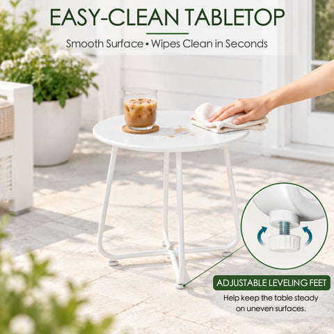 Kozyard outdoor side table for patio rocking chair set featuring an easy-clean smooth tabletop and adjustable leveling feet for stability on uneven surfaces. Compact 16-inch round patio table pairs with outdoor rocking chairs and provides convenient space for coffee, drinks, books and decor, ideal for porch, deck, balcony, backyard, garden, poolside and outdoor conversation areas.