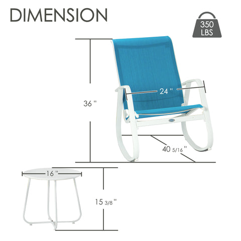 Kozyard outdoor rocking chair dimensions with 36-inch height, 24-inch width, 40 5/16-inch depth and 350 lbs weight capacity. White aluminum patio rocker with blue breathable Textilene seat combines spacious high-back comfort and durable outdoor construction, ideal for porch, balcony, backyard, deck, garden and poolside seating areas.