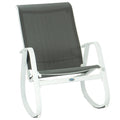 Kozyard blue outdoor rocking chair with breathable Textilene mesh seat, durable white aluminum frame, ergonomic armrests and smooth curved rocker base. Designed as a modern weather-resistant patio rocking chair, this comfortable outdoor chair is ideal for porch, balcony, poolside, deck, garden and backyard seating, providing relaxing support for reading, lounging and everyday outdoor leisure.