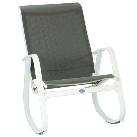 Kozyard blue outdoor rocking chair with breathable Textilene mesh seat, durable white aluminum frame, ergonomic armrests and smooth curved rocker base. Designed as a modern weather-resistant patio rocking chair, this comfortable outdoor chair is ideal for porch, balcony, poolside, deck, garden and backyard seating, providing relaxing support for reading, lounging and everyday outdoor leisure.