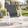 Kozyard outdoor rocking chair with white aluminum frame and gray breathable Textilene seat, modern patio rocking chair designed for backyard, porch, balcony, garden and poolside seating. Lightweight, weather-resistant outdoor lounge chair offers supportive high-back comfort and smooth rocking motion for relaxing on patios, decks and outdoor living spaces.