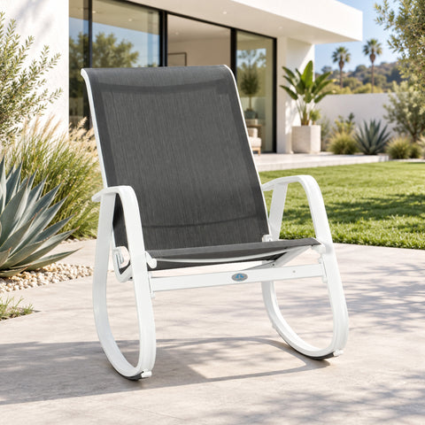 Kozyard outdoor rocking chair with white aluminum frame and gray breathable Textilene seat, modern patio rocking chair designed for backyard, porch, balcony, garden and poolside seating. Lightweight, weather-resistant outdoor lounge chair offers supportive high-back comfort and smooth rocking motion for relaxing on patios, decks and outdoor living spaces.