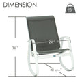 Kozyard outdoor rocking chair dimensions with 36-inch height, 24-inch width, 40 5/16-inch depth and 350 lbs weight capacity. White aluminum patio rocker with gray breathable Textilene seat combines spacious high-back comfort and durable outdoor construction, ideal for porch, balcony, backyard, deck, garden and poolside seating areas.