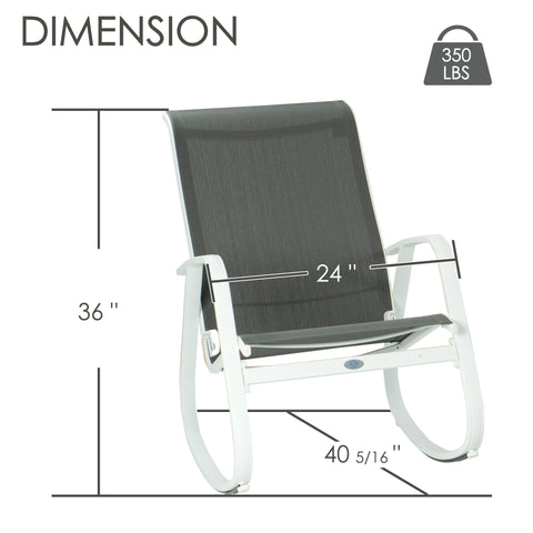 Kozyard outdoor rocking chair dimensions with 36-inch height, 24-inch width, 40 5/16-inch depth and 350 lbs weight capacity. White aluminum patio rocker with gray breathable Textilene seat combines spacious high-back comfort and durable outdoor construction, ideal for porch, balcony, backyard, deck, garden and poolside seating areas.