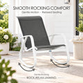 Kozyard outdoor rocking chair provides smooth gentle rocking motion and relaxed seating comfort with a white aluminum frame and breathable gray Textilene fabric. Designed as a modern patio rocker for porch, backyard, garden, balcony, deck and poolside spaces, this weather-resistant outdoor lounge chair combines ergonomic high-back support, stability and easy everyday relaxation.