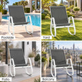 Kozyard outdoor rocking chair for poolside, yard, patio and balcony use, featuring a modern white aluminum frame and gray breathable Textilene seat. This versatile weather-resistant patio rocker provides lightweight durability, comfortable high-back support and smooth rocking motion, making it ideal outdoor seating for backyard, porch, deck, garden and small balcony spaces.