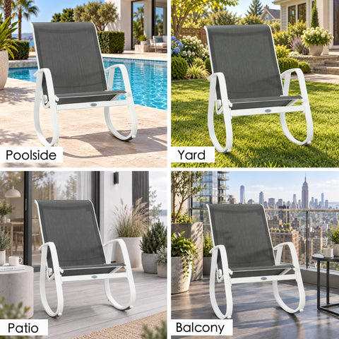 Kozyard outdoor rocking chair for poolside, yard, patio and balcony use, featuring a modern white aluminum frame and gray breathable Textilene seat. This versatile weather-resistant patio rocker provides lightweight durability, comfortable high-back support and smooth rocking motion, making it ideal outdoor seating for backyard, porch, deck, garden and small balcony spaces.