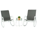 Outdoor Rocking Chair Set with Side Table
A set of two outdoor rocking chairs with gray fabric seats and backs, white metal frames, accompanied by a small white side table with a potted plant and two glasses on it. Keywords: outdoor rocking chairs, side table, patio set