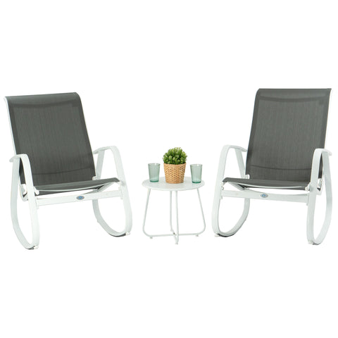 Outdoor Rocking Chair Set with Side Table
A set of two outdoor rocking chairs with gray fabric seats and backs, white metal frames, accompanied by a small white side table with a potted plant and two glasses on it. Keywords: outdoor rocking chairs, side table, patio set