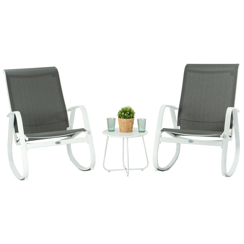 Outdoor Rocking Chair Set with Side Table
A set of two outdoor rocking chairs with gray fabric seats and backs, white metal frames, accompanied by a small white side table with a potted plant and two glasses on it. Keywords: outdoor rocking chairs, side table, patio set