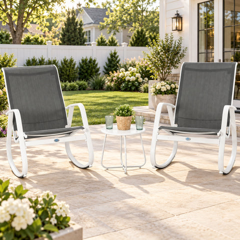 Kozyard 3 piece outdoor rocking chair set with two patio rocking chairs and round side table, designed for porch, backyard, garden, deck and balcony seating. Breathable Textilene high-back chairs with durable aluminum frames provide smooth rocking comfort, while the compact outdoor side table creates a relaxing patio conversation set for coffee, reading and everyday outdoor living.