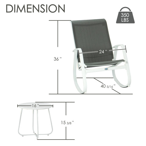 Kozyard 3 piece patio rocking chair set dimensions featuring outdoor rocking chairs measuring 36 inches high, 24 inches wide and 40 5/16 inches deep with 350 lbs weight capacity, plus a 16-inch round side table measuring 15 3/8 inches high. Outdoor patio furniture set combines high-back Textilene seating and aluminum frames for porch, deck, backyard and balcony use.