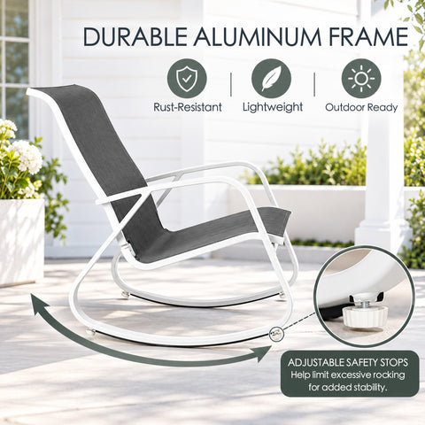Kozyard outdoor rocking chair with breathable Textilene fabric designed for water-resistant, quick-drying and comfortable outdoor seating. High-back patio rocker combines durable aluminum construction with supportive mesh fabric and smooth rocking motion, making it ideal patio furniture for porch, backyard, deck, garden, balcony, poolside and everyday outdoor relaxation spaces.