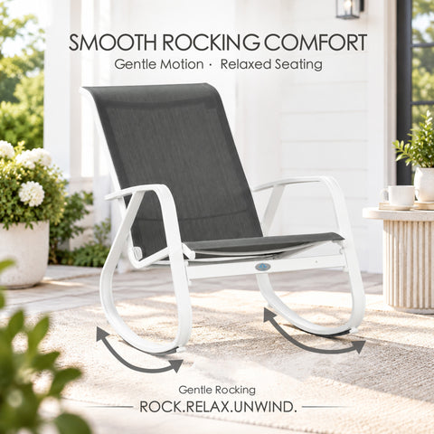 Kozyard outdoor rocking chair designed for smooth rocking comfort, gentle motion and relaxed seating on patios, porches and outdoor living spaces. High-back Textilene patio rocker with durable aluminum frame provides supportive seating and comfortable rocking action, ideal for backyard, garden, deck, balcony, poolside, front porch and outdoor lounge areas for reading, coffee and relaxation.