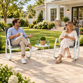 Kozyard 3 piece patio rocking chair set for poolside, yard, patio and balcony spaces, featuring two outdoor rocking chairs with breathable Textilene high-back seats and a compact round side table. Durable aluminum frames and smooth rocking comfort make this versatile outdoor furniture set ideal for backyard, garden, porch, deck, apartment balcony and outdoor conversation areas.