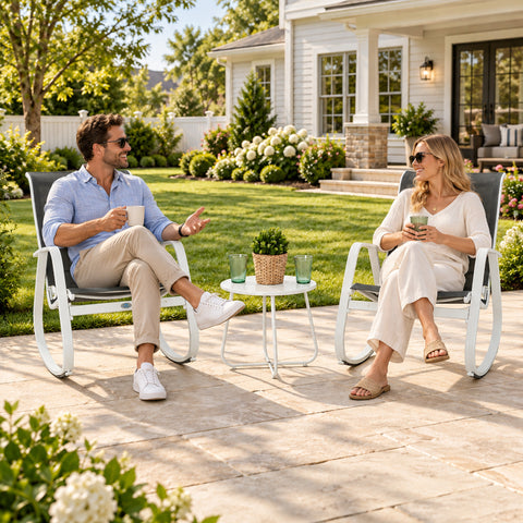 Kozyard 3 piece patio rocking chair set for poolside, yard, patio and balcony spaces, featuring two outdoor rocking chairs with breathable Textilene high-back seats and a compact round side table. Durable aluminum frames and smooth rocking comfort make this versatile outdoor furniture set ideal for backyard, garden, porch, deck, apartment balcony and outdoor conversation areas.