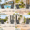 Kozyard 3 piece outdoor rocking chair set with two high-back patio rocking chairs and round side table creates a comfortable conversation area for couples. Breathable Textilene seating, durable aluminum frames and smooth rocking motion make this outdoor patio furniture set ideal for porch, backyard, garden, deck, balcony and poolside relaxation, coffee, conversation and casual outdoor living.