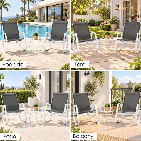 Kozyard 3 piece outdoor rocking chair set with two high-back patio rocking chairs and round side table creates a comfortable conversation area for couples. Breathable Textilene seating, durable aluminum frames and smooth rocking motion make this outdoor patio furniture set ideal for porch, backyard, garden, deck, balcony and poolside relaxation, coffee, conversation and casual outdoor living.