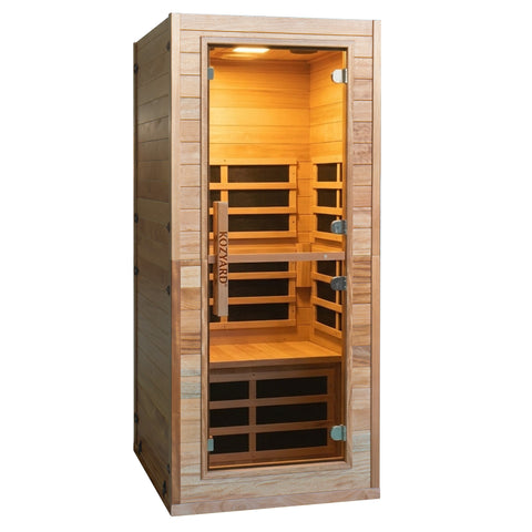 Kozyard 1-Person Infrared Sauna – Solid wood construction, carbon heating panels, compact indoor dry sauna for home wellness
