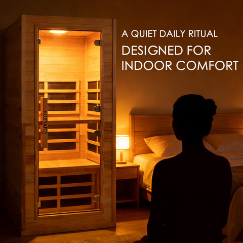 Kozyard Indoor Sauna – Quiet daily wellness ritual, solid wood construction, infrared dry heat for comfortable home relaxation
